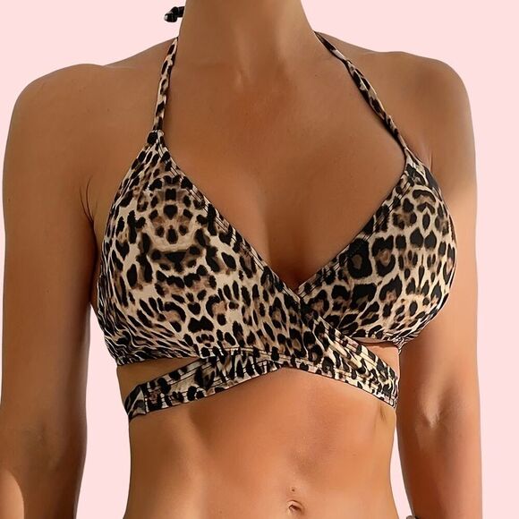 Leopard Print Halter Neck Bikini Set Cross Strape Details Size S - Picture 2 of 8